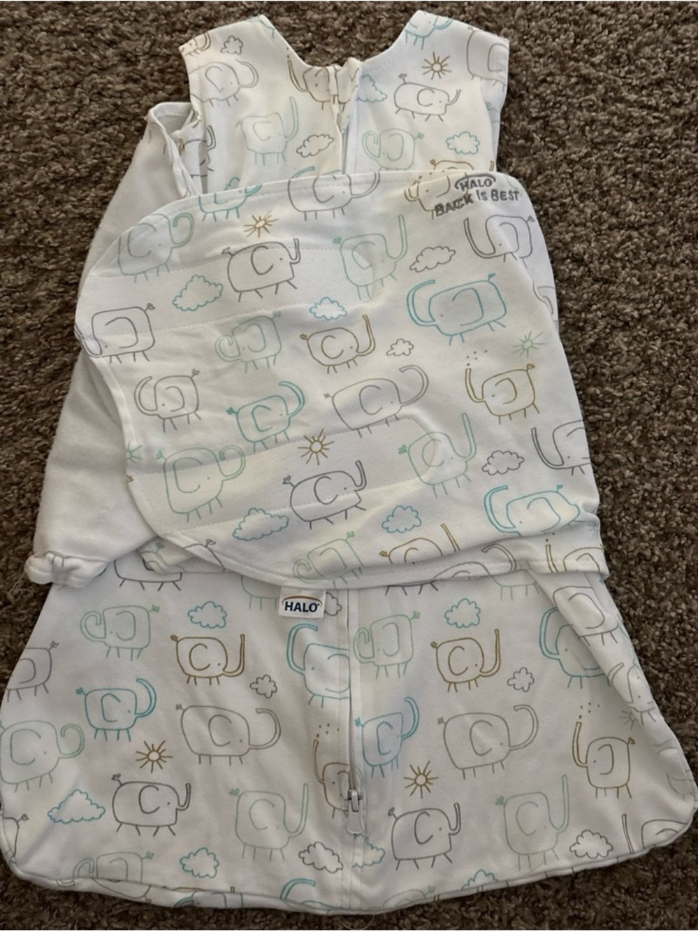 HALO White Sleep Sack with Light Blue Gray and Tan Elephant Print